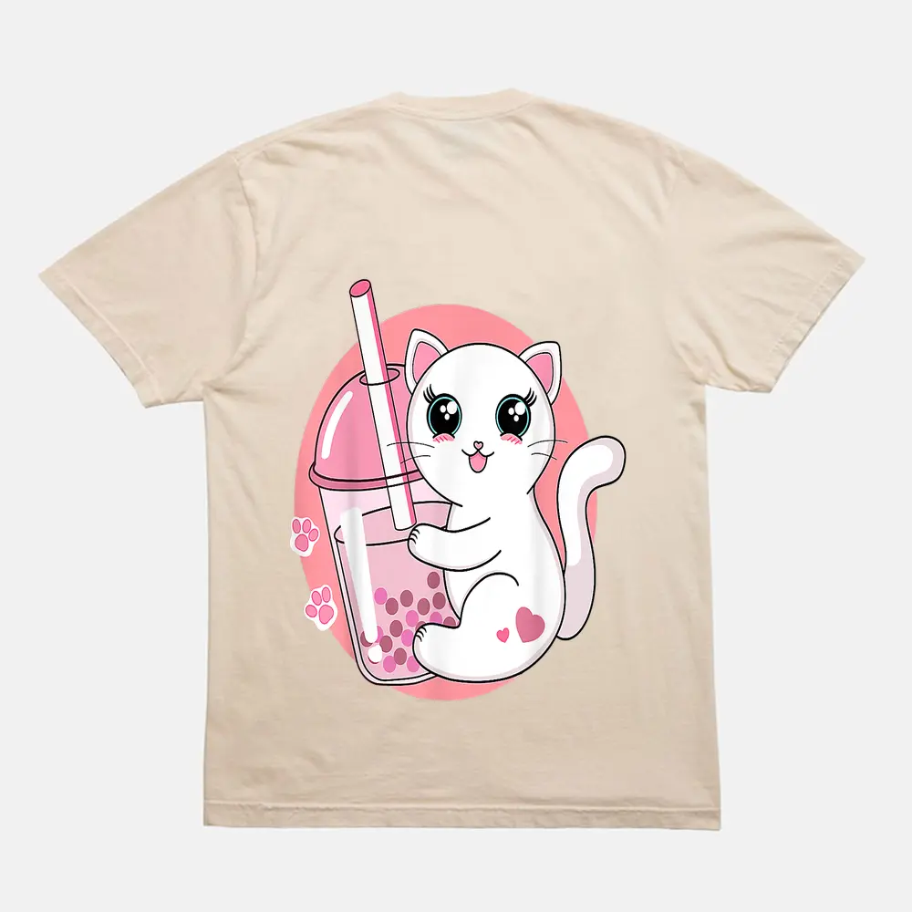 Anime Kawaii Cat Boba Bubble Tea T-Shirt - Cream Anime Kawaii Cat Boba Bubble Tea T-Shirt - Cream