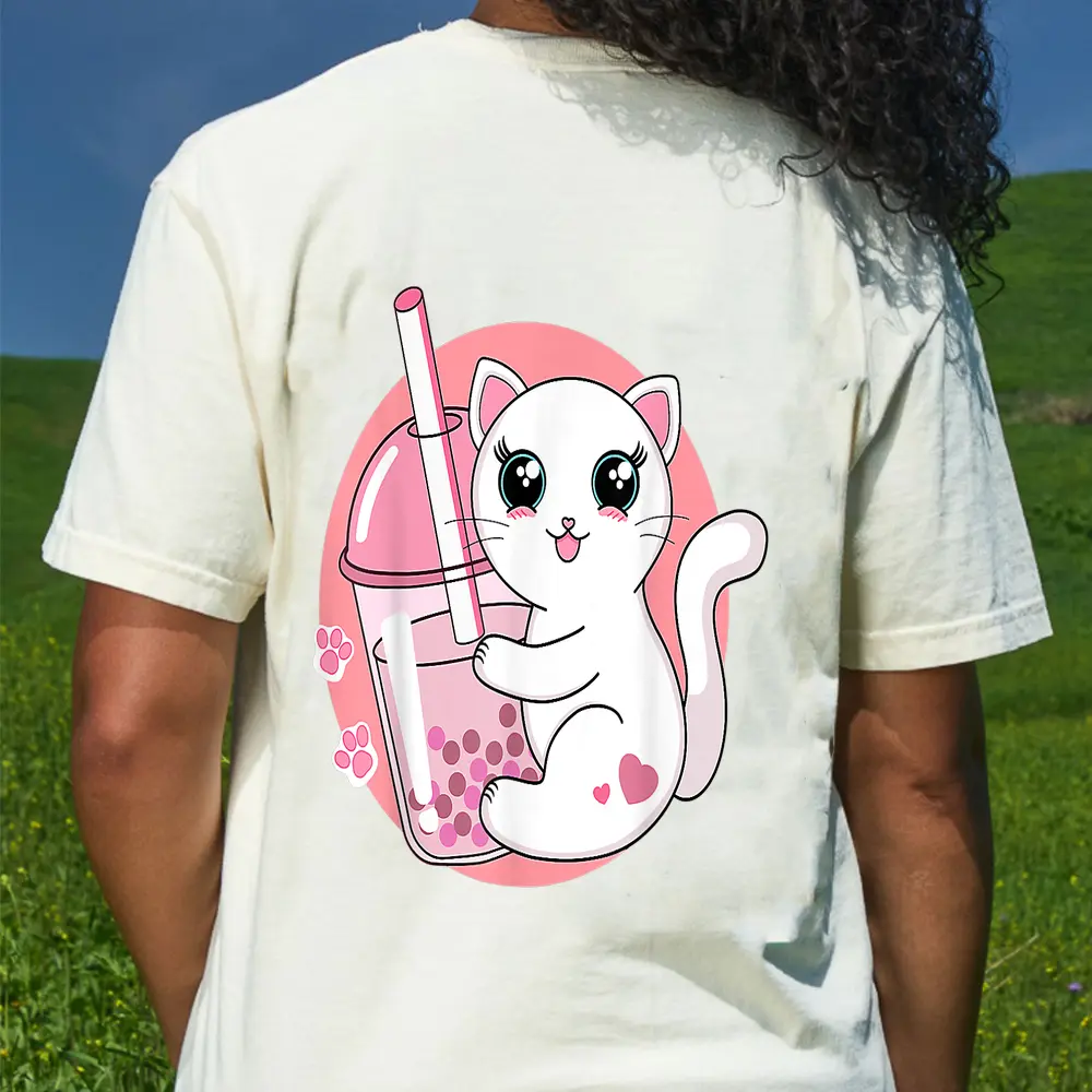 Anime Kawaii Cat Boba Bubble Tea T-Shirt - Cream