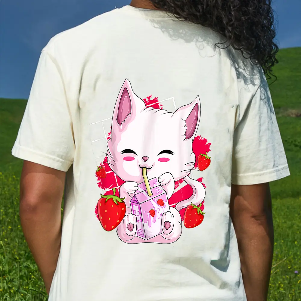 Anime Kawaii Cat Strawberry Milk Anime Neko Gifts Girls Teen T-Shirt - Cream