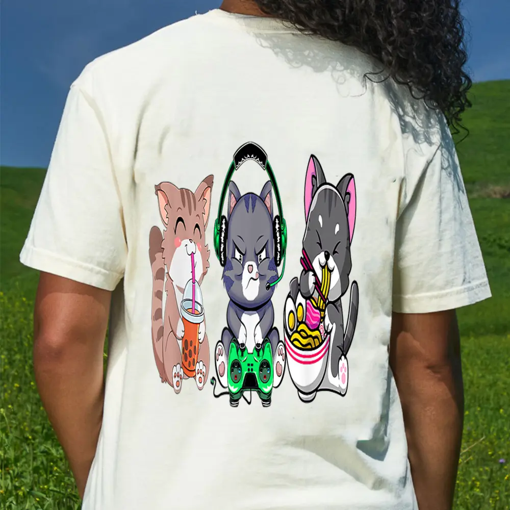 Anime Kawaii Cats Ramen Cat Boba Bubble Tea Cat Video Gamer T-Shirt - Cream
