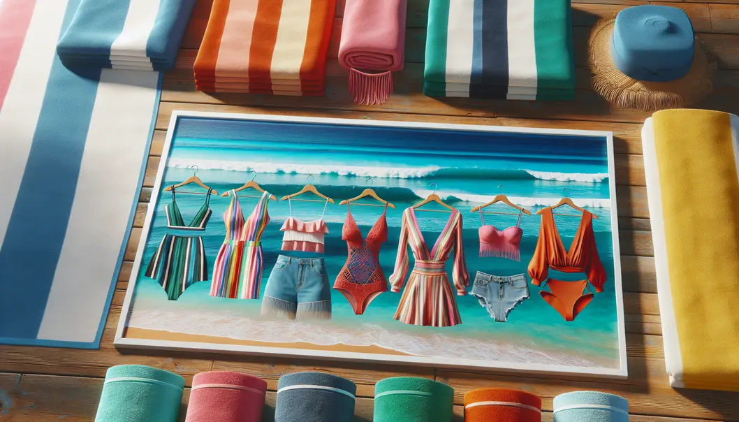Beach clothes on towels with an ocean view in the background.