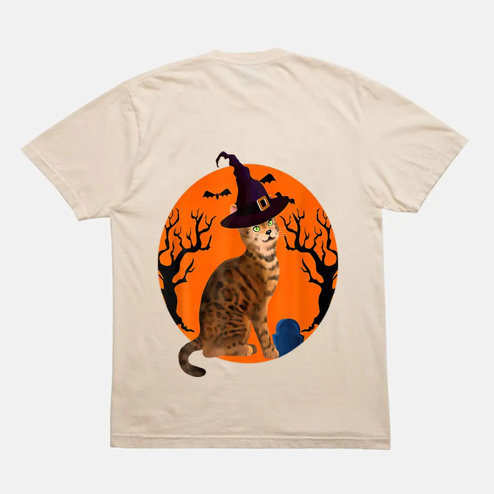Bengal Cat Halloween Witch Hat And Moon T-Shirt - Cream Bengal Cat Halloween Witch Hat And Moon T-Shirt - Cream