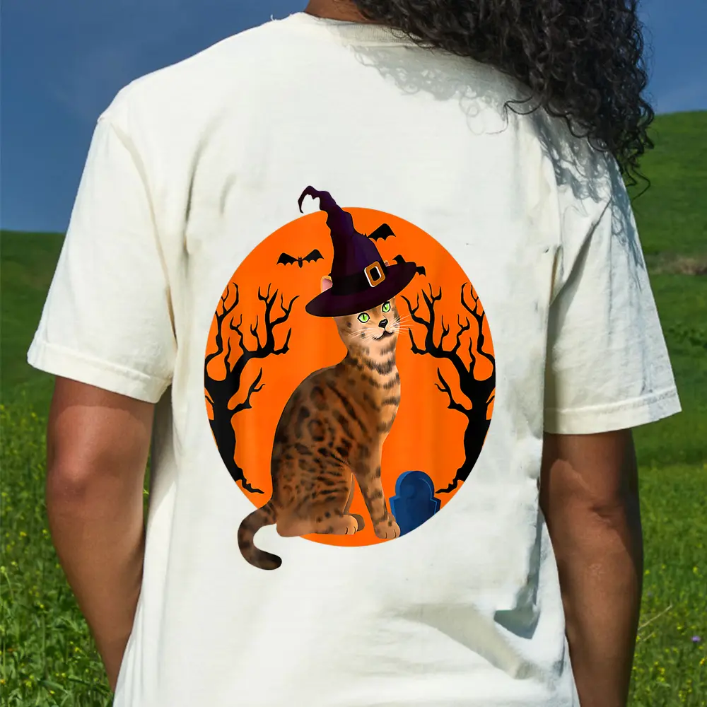 Bengal Cat Halloween Witch Hat And Moon T-Shirt - Cream