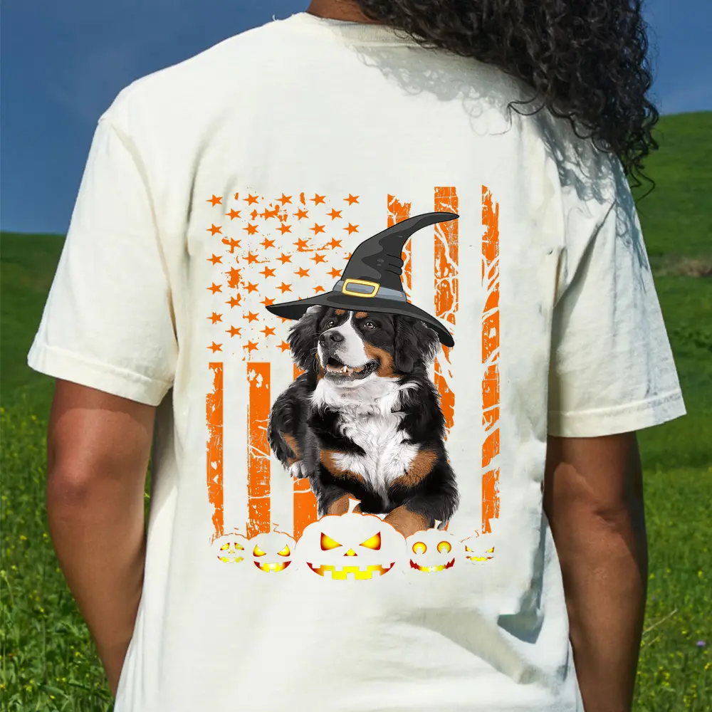 Bernese Mountain Dog Pumpkin American Flag Vintage Halloween T-Shirt - Cream