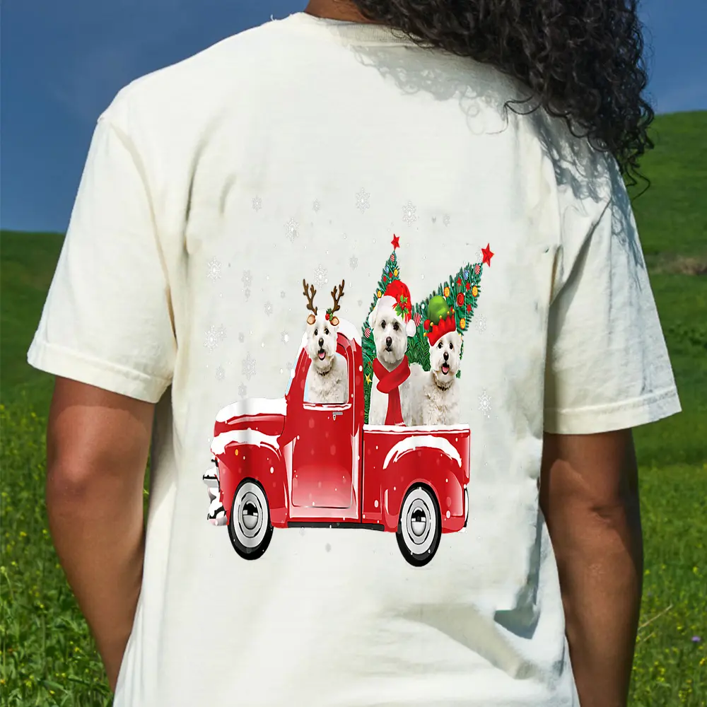 Bichon Frise Riding Red Truck Merry Christmas Dog Lover T-Shirt - Cream