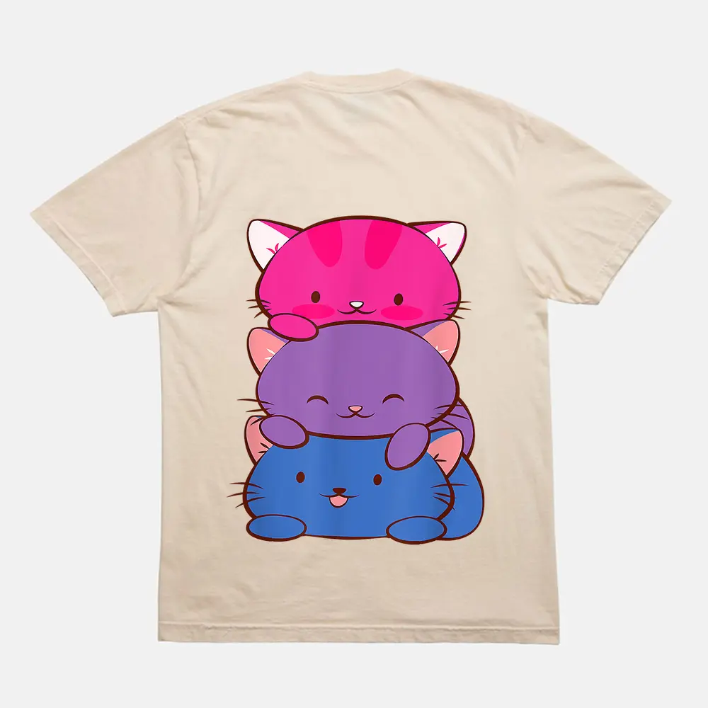Bisexual Pride Kawaii Kitty Cat Stack Anime T-Shirt - Cream Bisexual Pride Kawaii Kitty Cat Stack Anime T-Shirt - Cream