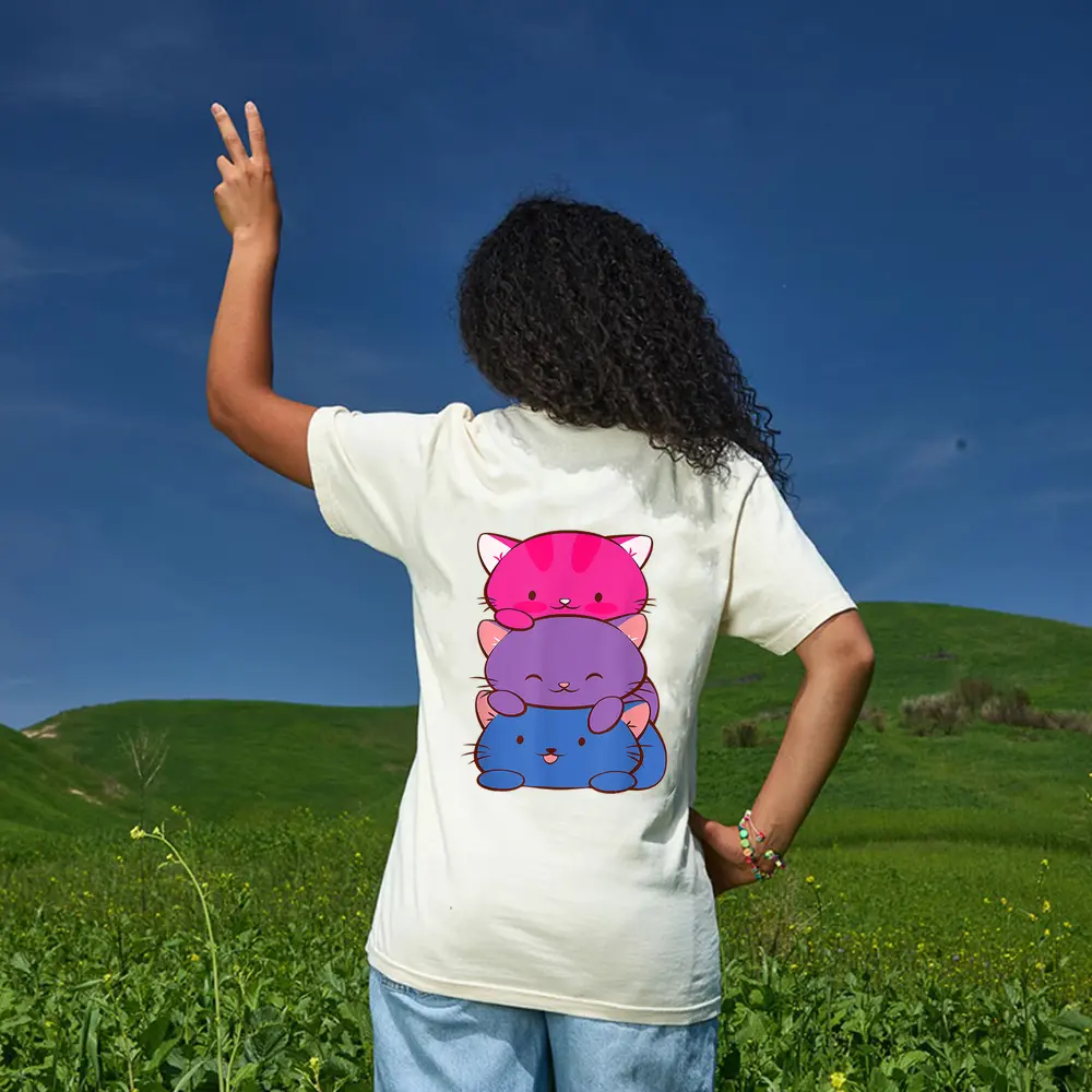 Bisexual Pride Kawaii Kitty Cat Stack Anime T-Shirt - Cream Bisexual Pride Kawaii Kitty Cat Stack Anime T-Shirt - Cream