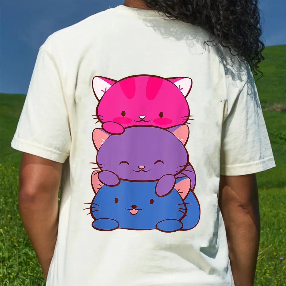 Bisexual Pride Kawaii Kitty Cat Stack Anime T-Shirt - Cream