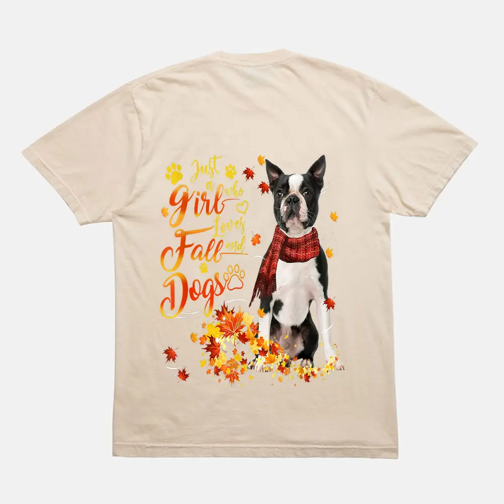 Black Boston Terrier Just A Girl Who Loves Fall And Dogs T-Shirt - Cream Black Boston Terrier Just A Girl Who Loves Fall And Dogs T-Shirt - Cream