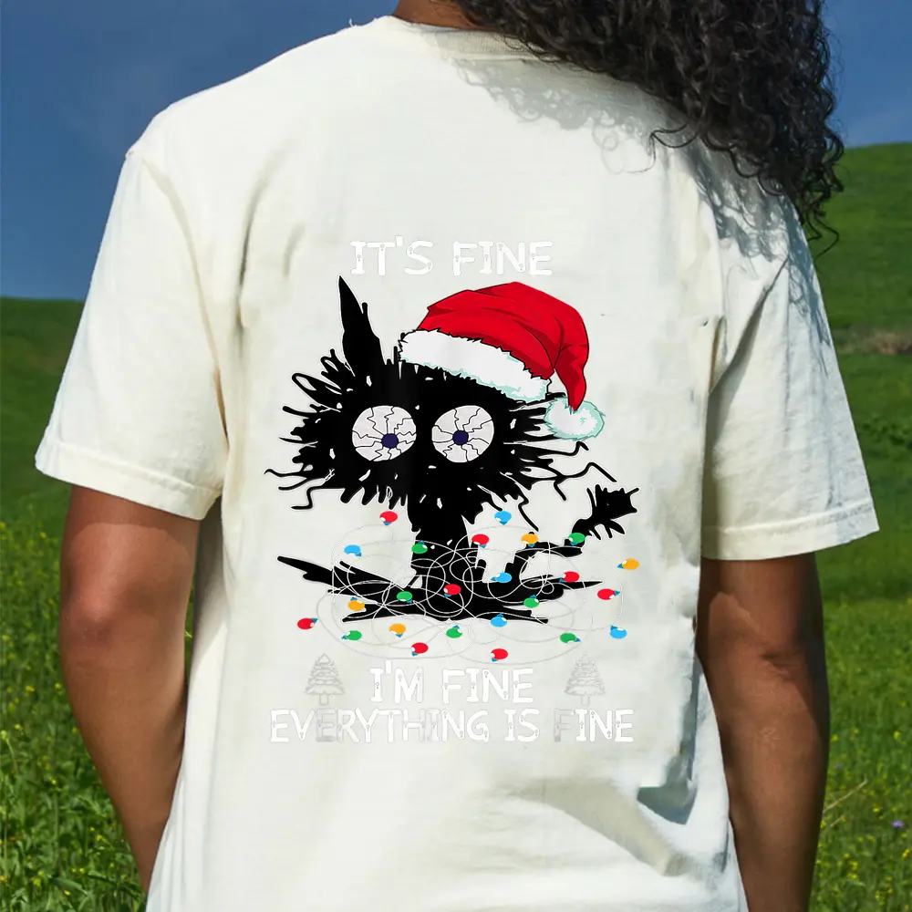 Black Cat Christmas It's Fine I'm Fine Everything Is Fine T-Shirt - Cream