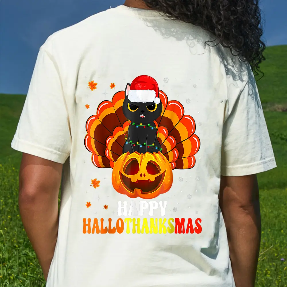 Black Cat Happy HalloThanksMas T-Shirt - Cream