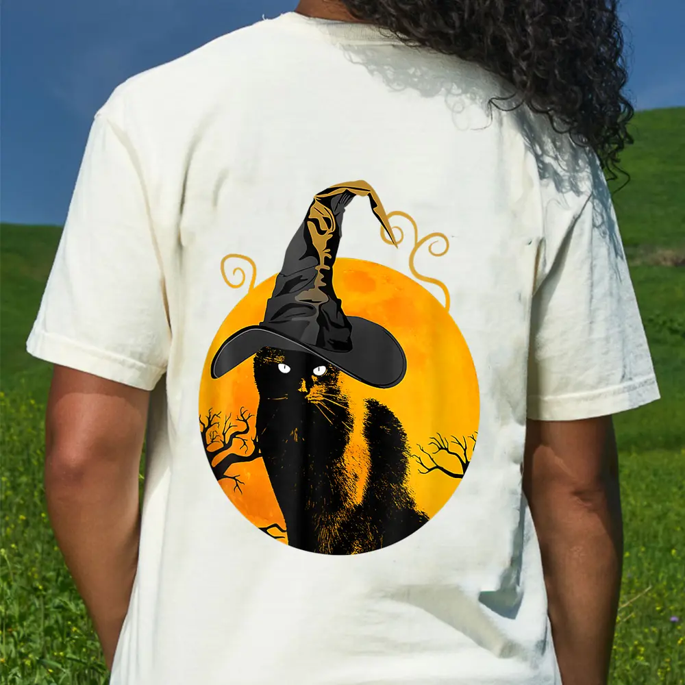 Black Cat Moon Funny Halloween Costume Witch Hat And Moon T-Shirt - Cream