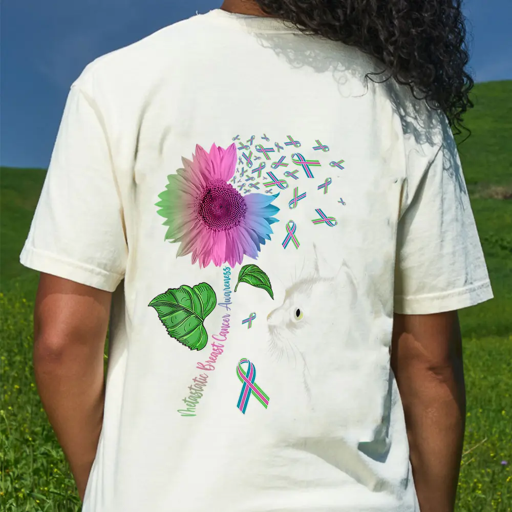Black Cat Sunflower Metastatic Breast Cancer Awareness Day T-Shirt - Cream