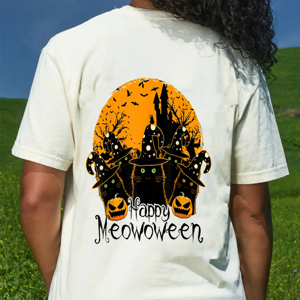 Black Cat Witch Hat Halloween Costume Happy Meowloween Funny T-Shirt - Cream