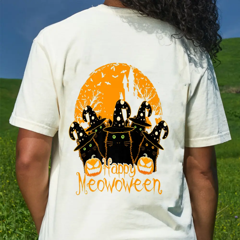 Black Cat Witch Hat Halloween-Shirt Happy Meowloween Vintage Premium T-Shirt - Cream