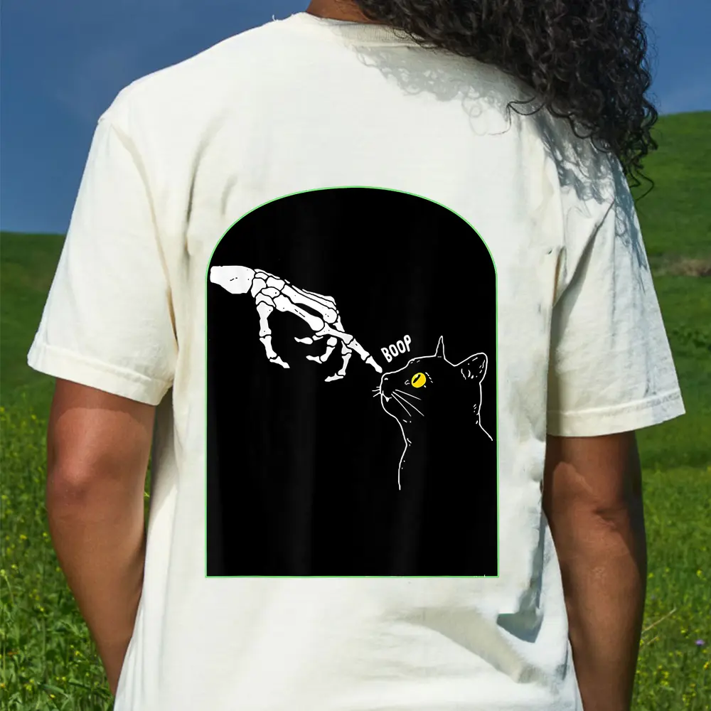 Black Cat Yellow Eyes Skeleton Hand Boop Halloween Costumes T-Shirt - Cream