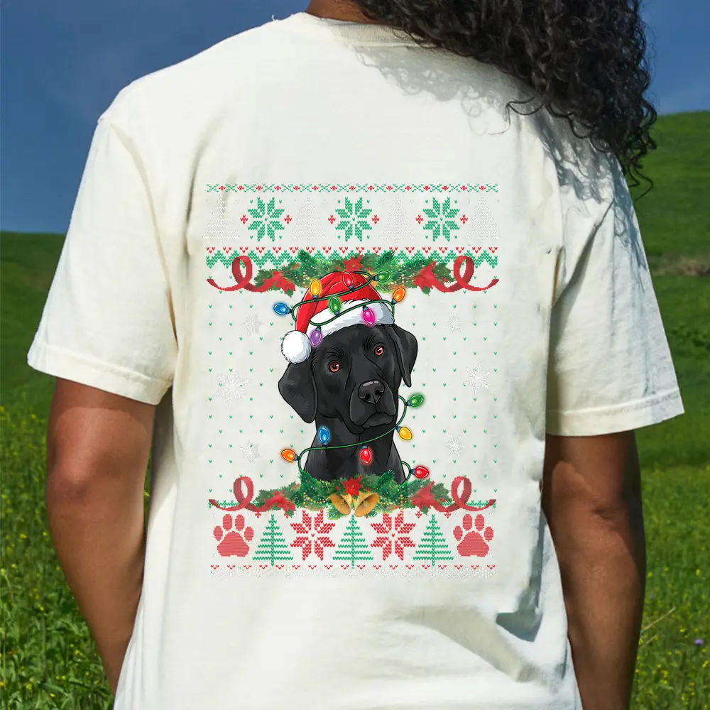 Black Lab Christmas Santa Ugly  Dog Lover Xmas T-Shirt - Cream