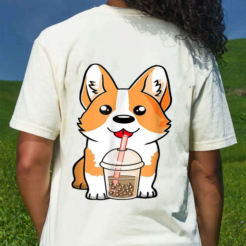 Boba Milk Tea Corgi Dog Puppy Lover Kawaii Japanese Anime T-Shirt - Cream