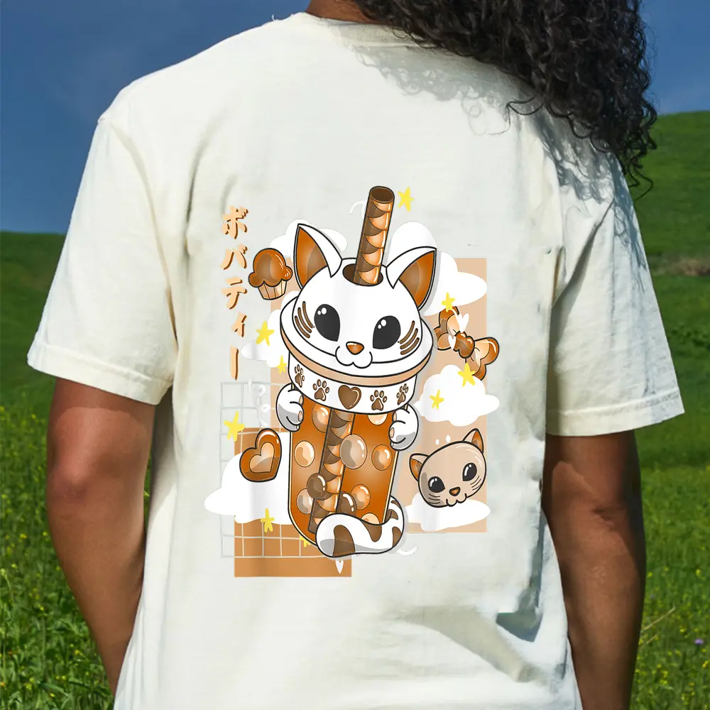 Boba Tea Cute Cat Bubble Tea Kawaii Anime Japanese Girl Teen T-Shirt - Cream