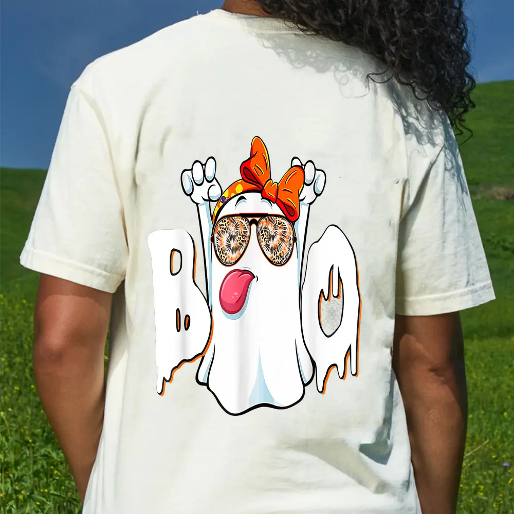 Boo Ghost Sunglasses Leopard Funny Halloween Girls Women T-Shirt - Cream