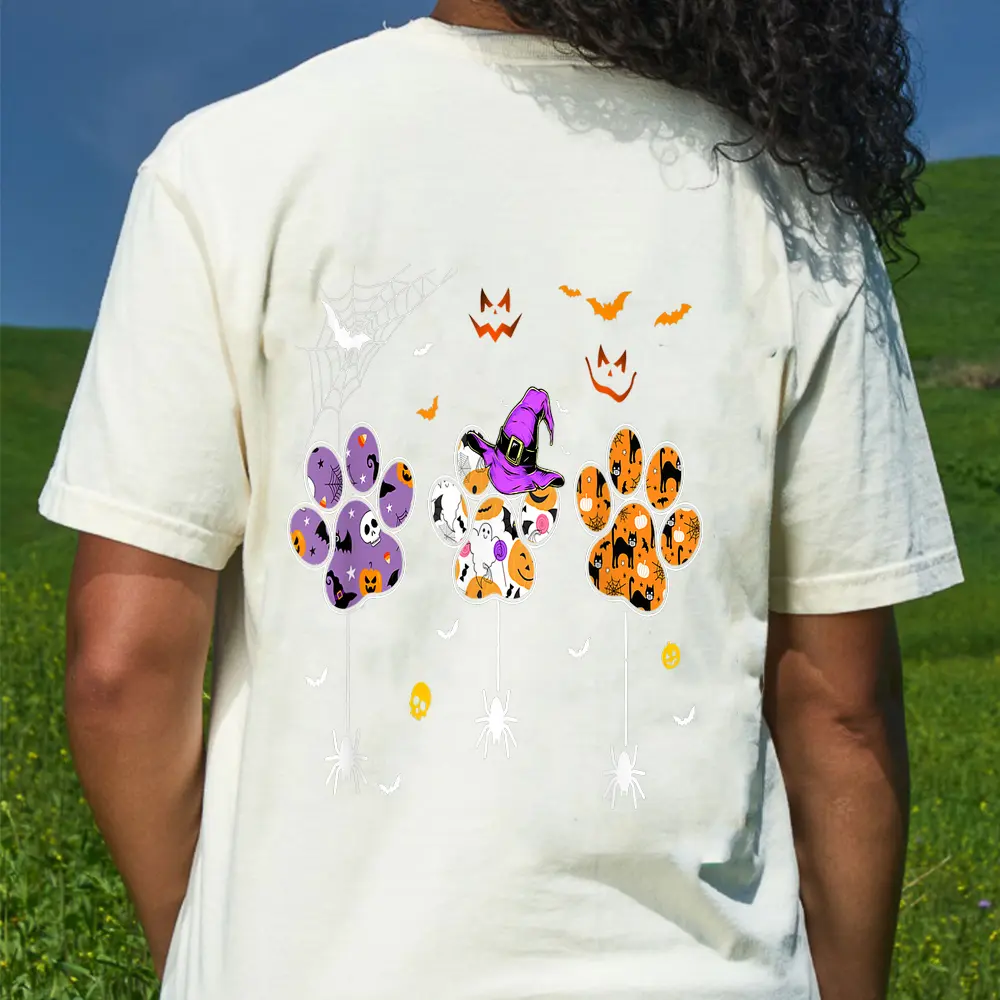 Boo Paw Print Dog Paw Spiders Halloween T-Shirt - Cream