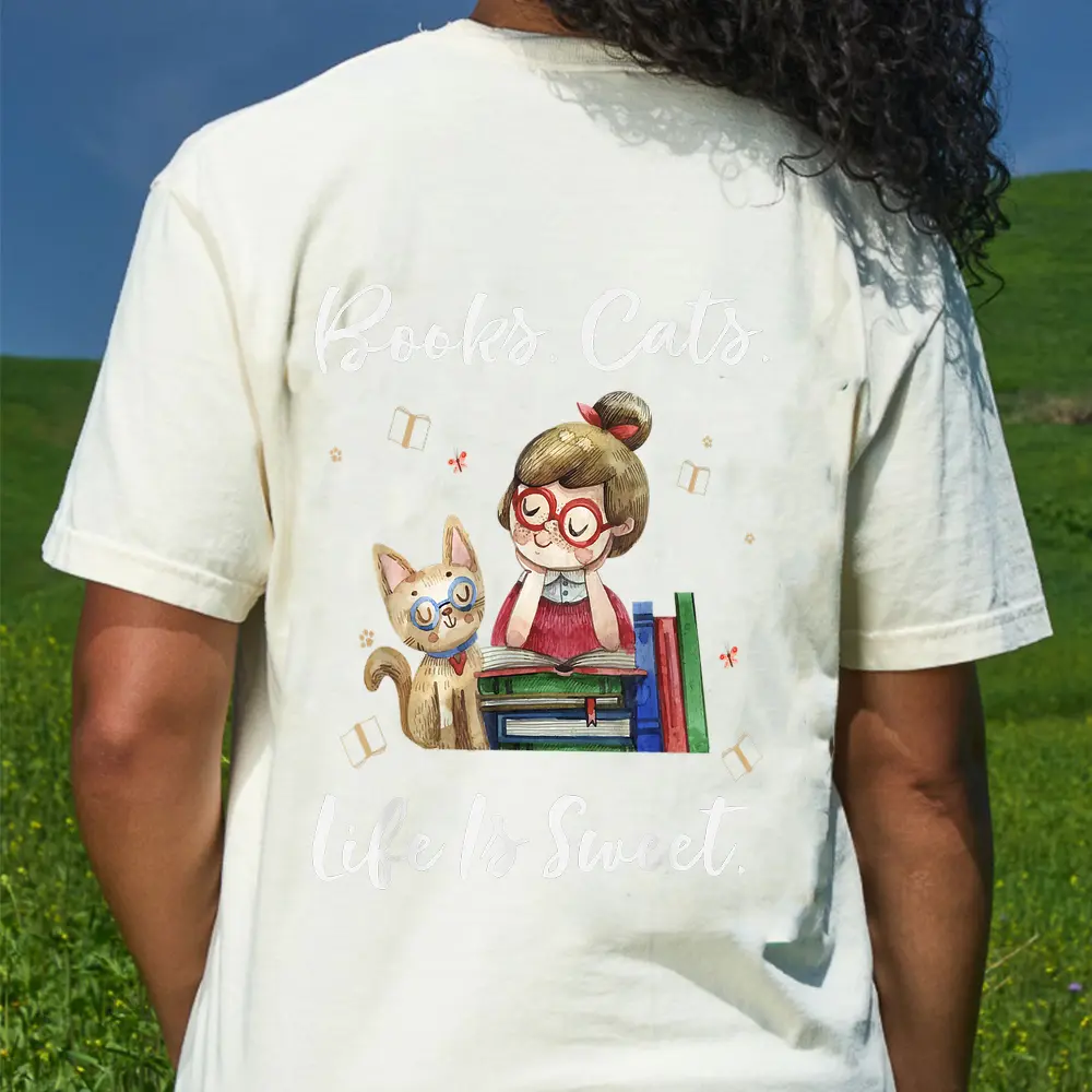 Books Cats Life Is Sweet Cat Book Lovers Reading Book Ver 2 T-Shirt - Cream