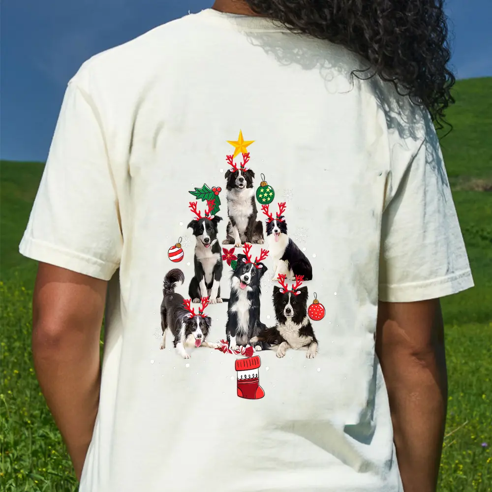 Border Collie Dog Christmas Tree Reindeer Antlers Gifts T-Shirt - Cream