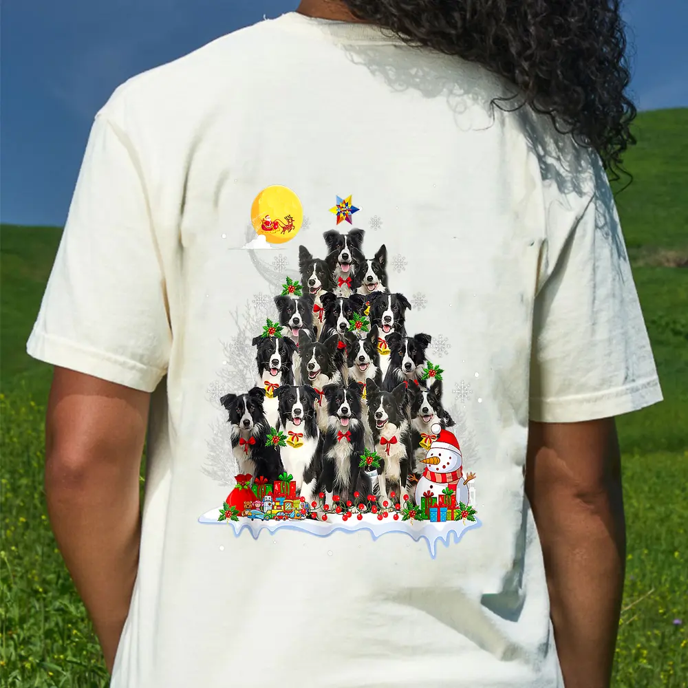 Border Collie Dog Lover Matching Santa Christmas Tree T-Shirt - Cream