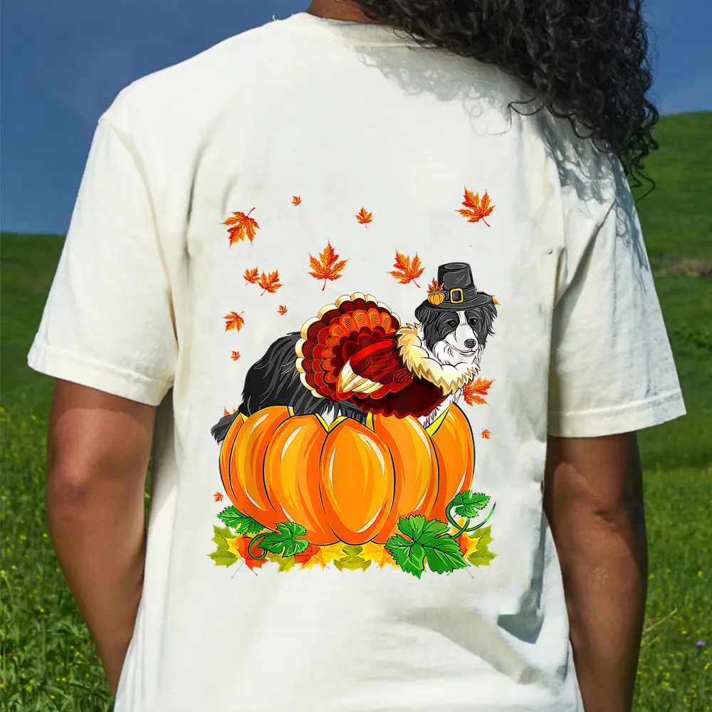 Border Collie Dog Thanksgiving Turkey Fall Autumn Pumpkin T-Shirt - Cream