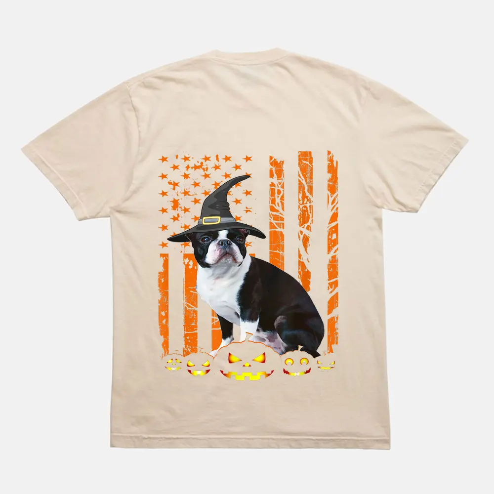 Boston Terrier Dog Pumpkin American Flag Witch Halloween T-Shirt - Cream Boston Terrier Dog Pumpkin American Flag Witch Halloween T-Shirt - Cream