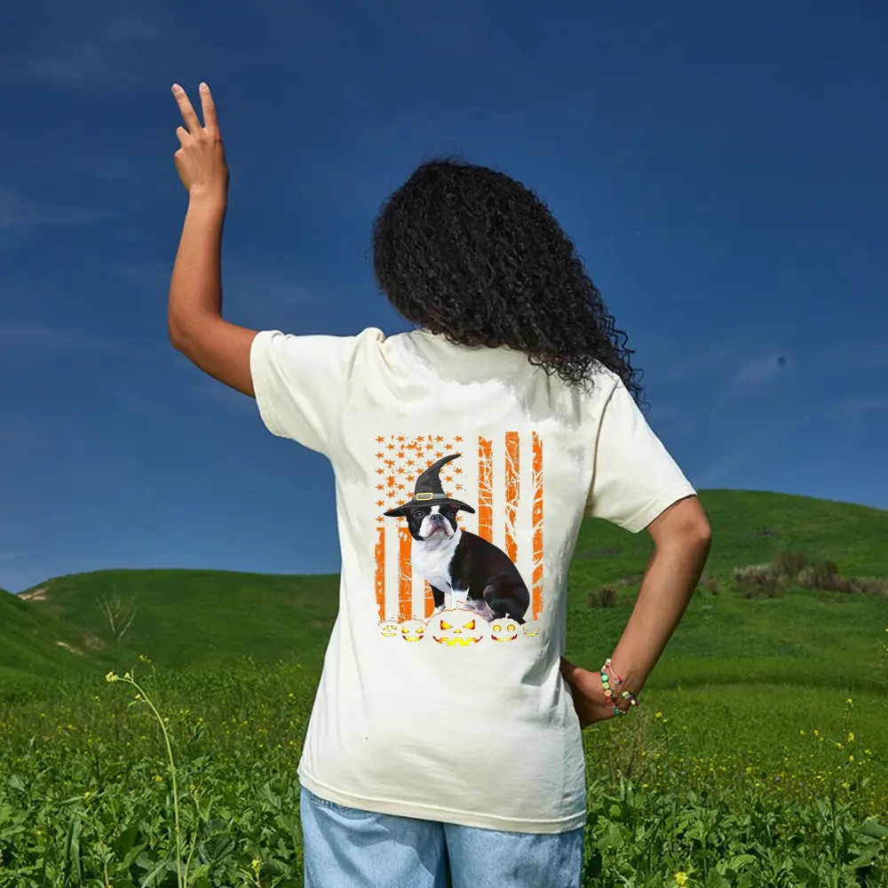 Boston Terrier Dog Pumpkin American Flag Witch Halloween T-Shirt - Cream Boston Terrier Dog Pumpkin American Flag Witch Halloween T-Shirt - Cream