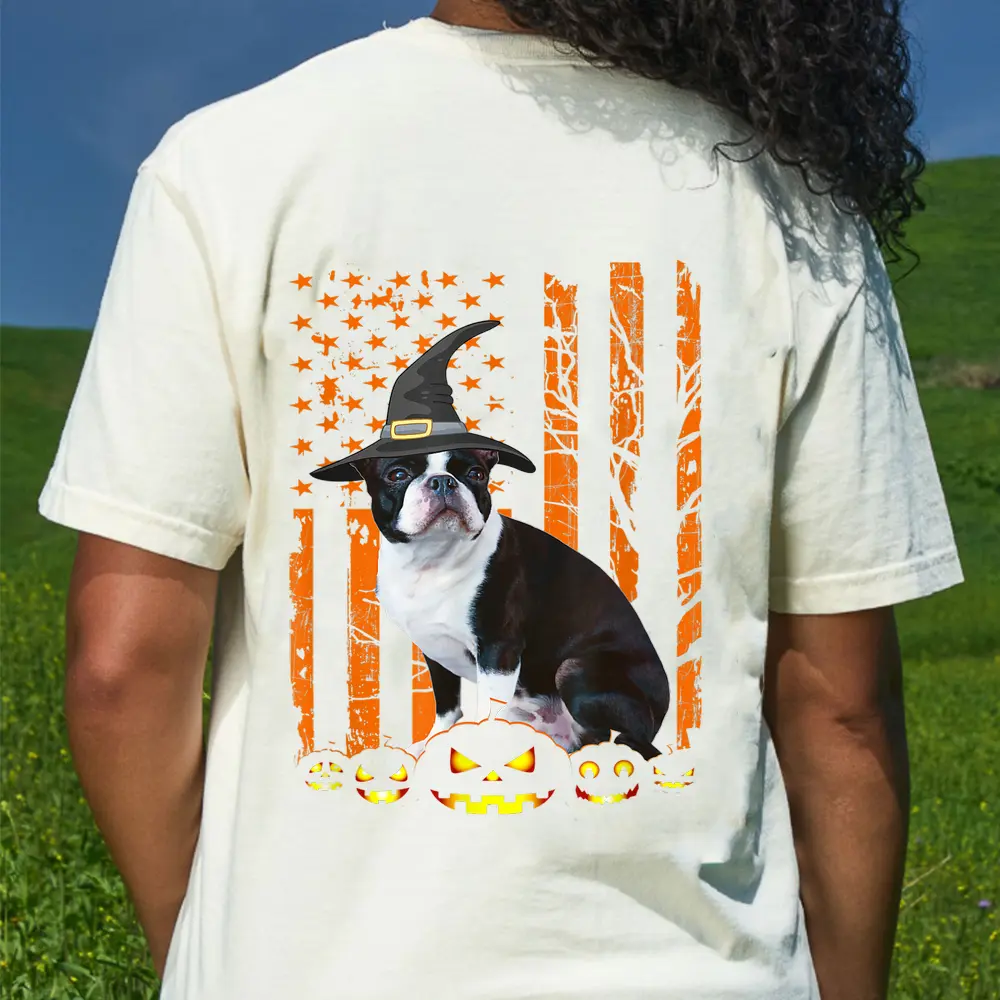 Boston Terrier Dog Pumpkin American Flag Witch Halloween T-Shirt - Cream