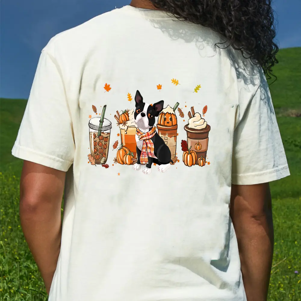 Boston Terrier Pumpkin Spice Latte Iced Autumn Dog Fall T-Shirt - Cream