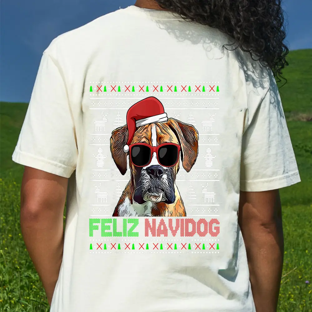 Boxer Dog Feliz Navidog Funny Christmas T-Shirt - Cream