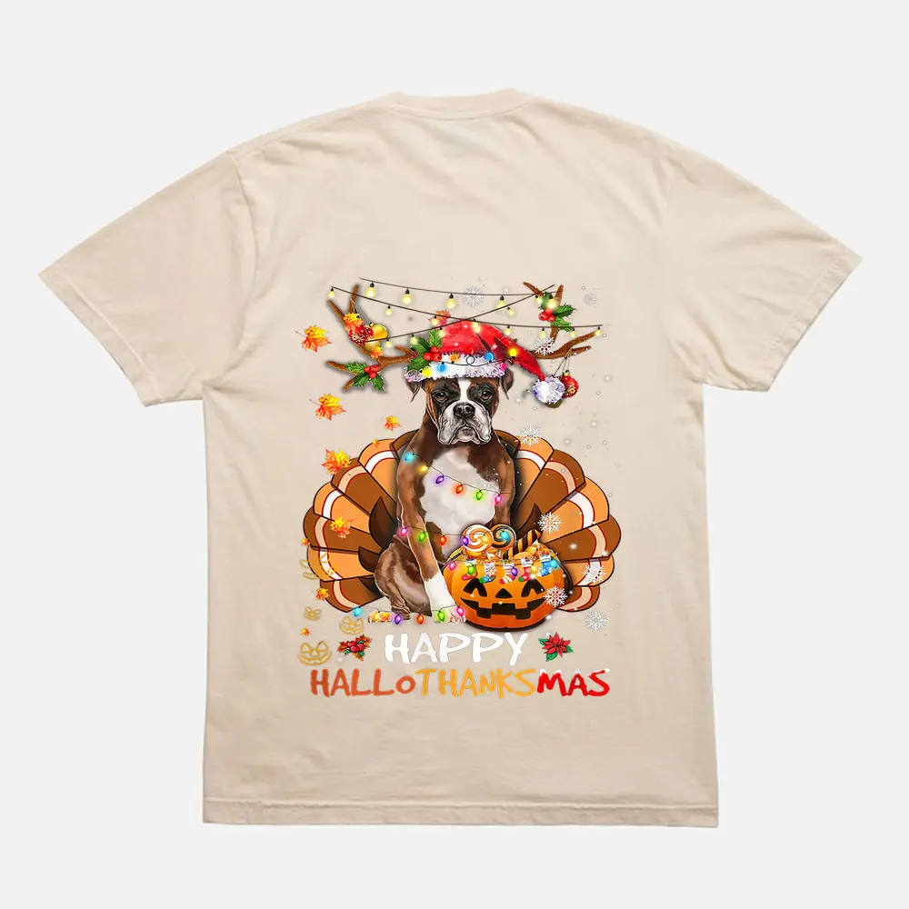 Boxer Dog Happy Hallothanksmas Halloween Thanksgiving Xmas T-Shirt - Cream Boxer Dog Happy Hallothanksmas Halloween Thanksgiving Xmas T-Shirt - Cream