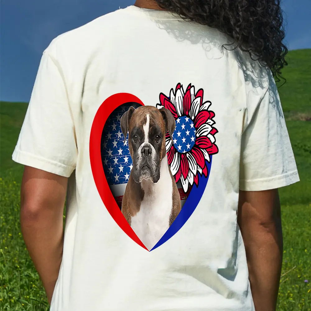 Boxer Dog Heart American Flag 4th Of July Usa Flag Sunflower T-Shirt - Cream