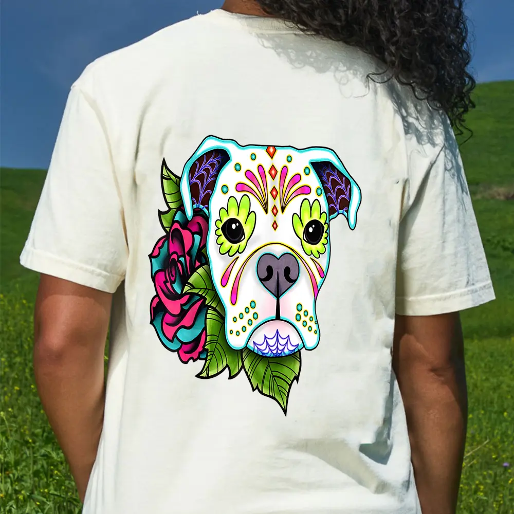 Boxer In White - Day Of The Dead Sugar Skull Dog T-Shirt - Cream