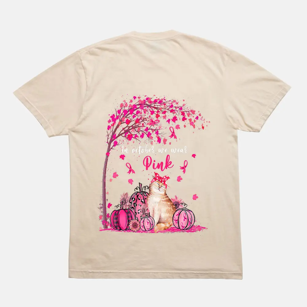 Breast Cancer Awareness In October We Wear Pink Pumpkin Cat Premium T-Shirt - Cream Breast Cancer Awareness In October We Wear Pink Pumpkin Cat Premium T-Shirt - Cream