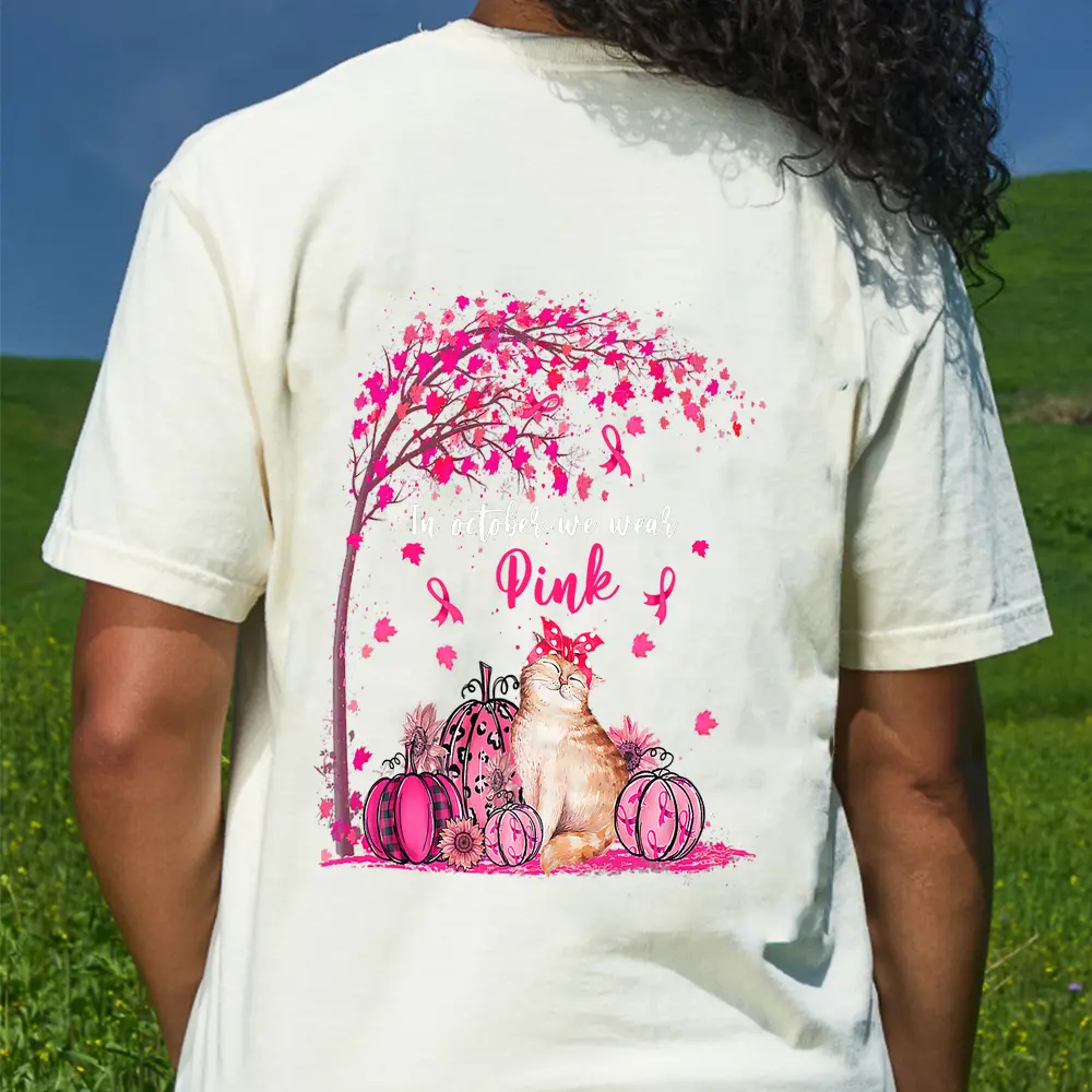 Breast Cancer Awareness In October We Wear Pink Pumpkin Cat Premium T-Shirt - Cream
