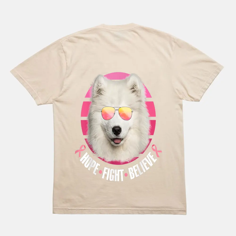 Breast Cancer Awareness Samoyed Dog Pink Ribbon T-Shirt - Cream Breast Cancer Awareness Samoyed Dog Pink Ribbon T-Shirt - Cream