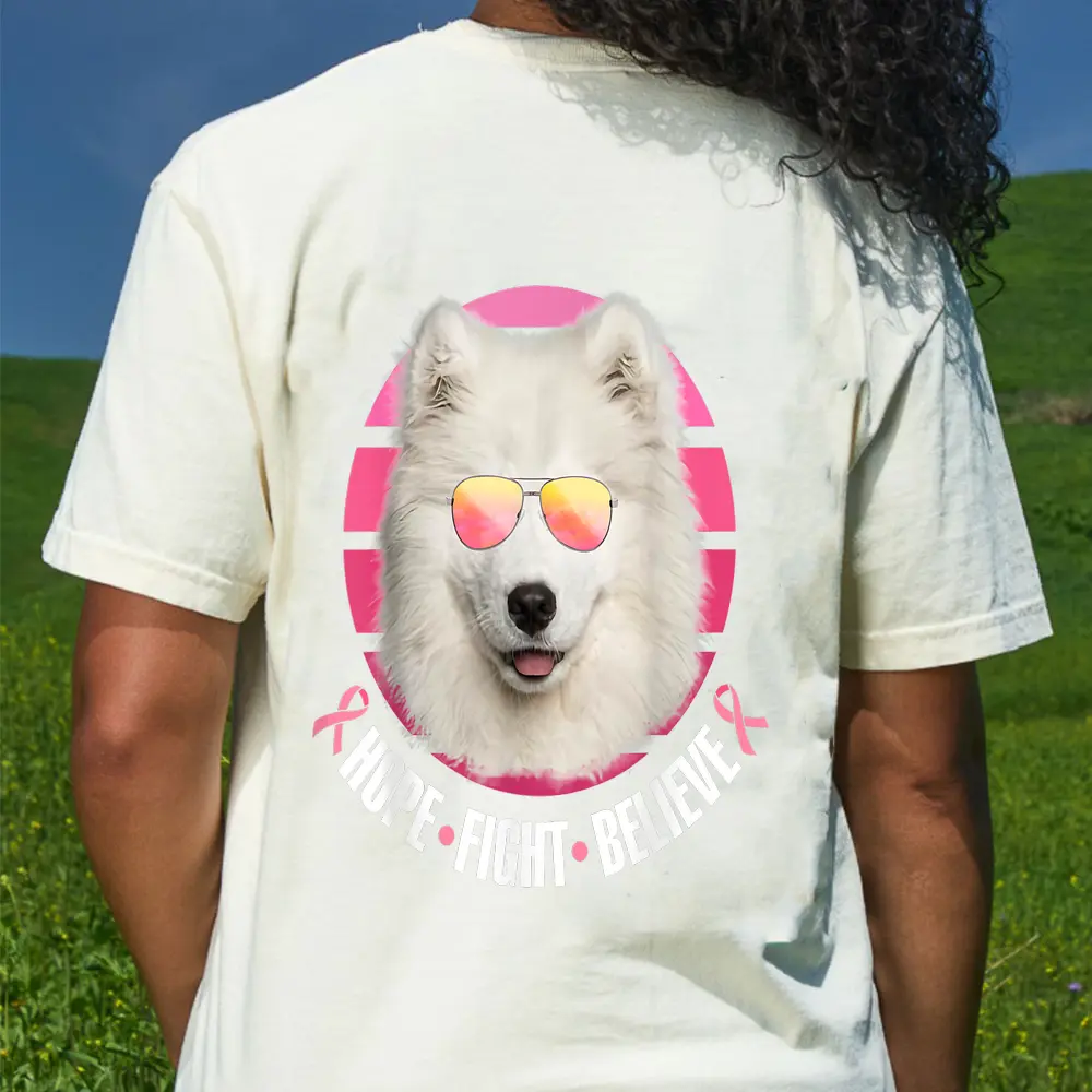 Breast Cancer Awareness Samoyed Dog Pink Ribbon T-Shirt - Cream