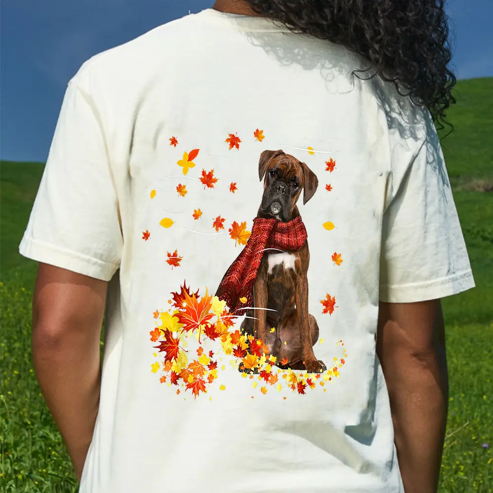 Brindle Boxer Fall Red Scarf Autumn Leaf Gift For Dog Lover T-Shirt - Cream