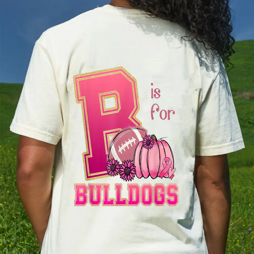 Bulldog Breast Cancer Awareness Football Fall School Spirit T-Shirt - Cream