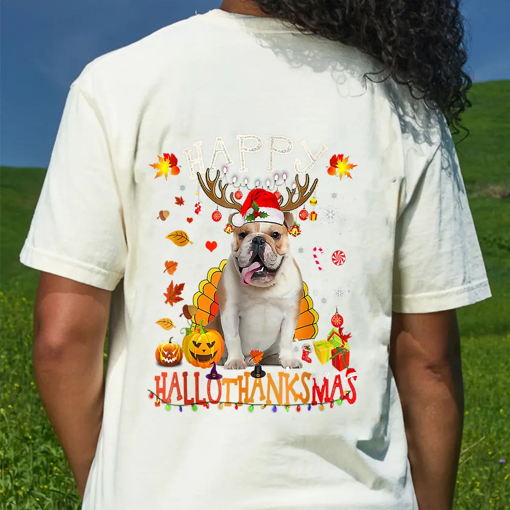 Bulldog Dog Happy Hallothanksmas Halloween Thanksgiving Xmas T-Shirt - Cream