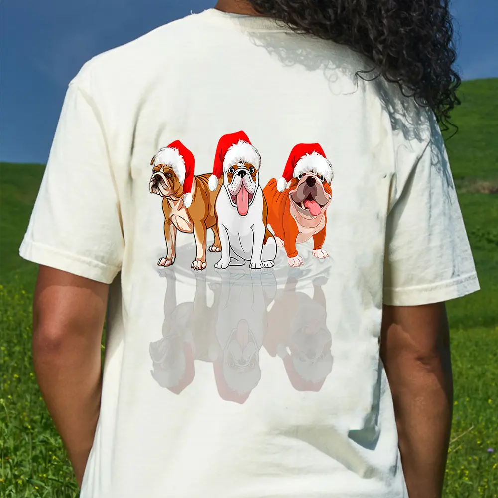 Bulldog Dog Lights Christmas Matching Family T-Shirt - Cream