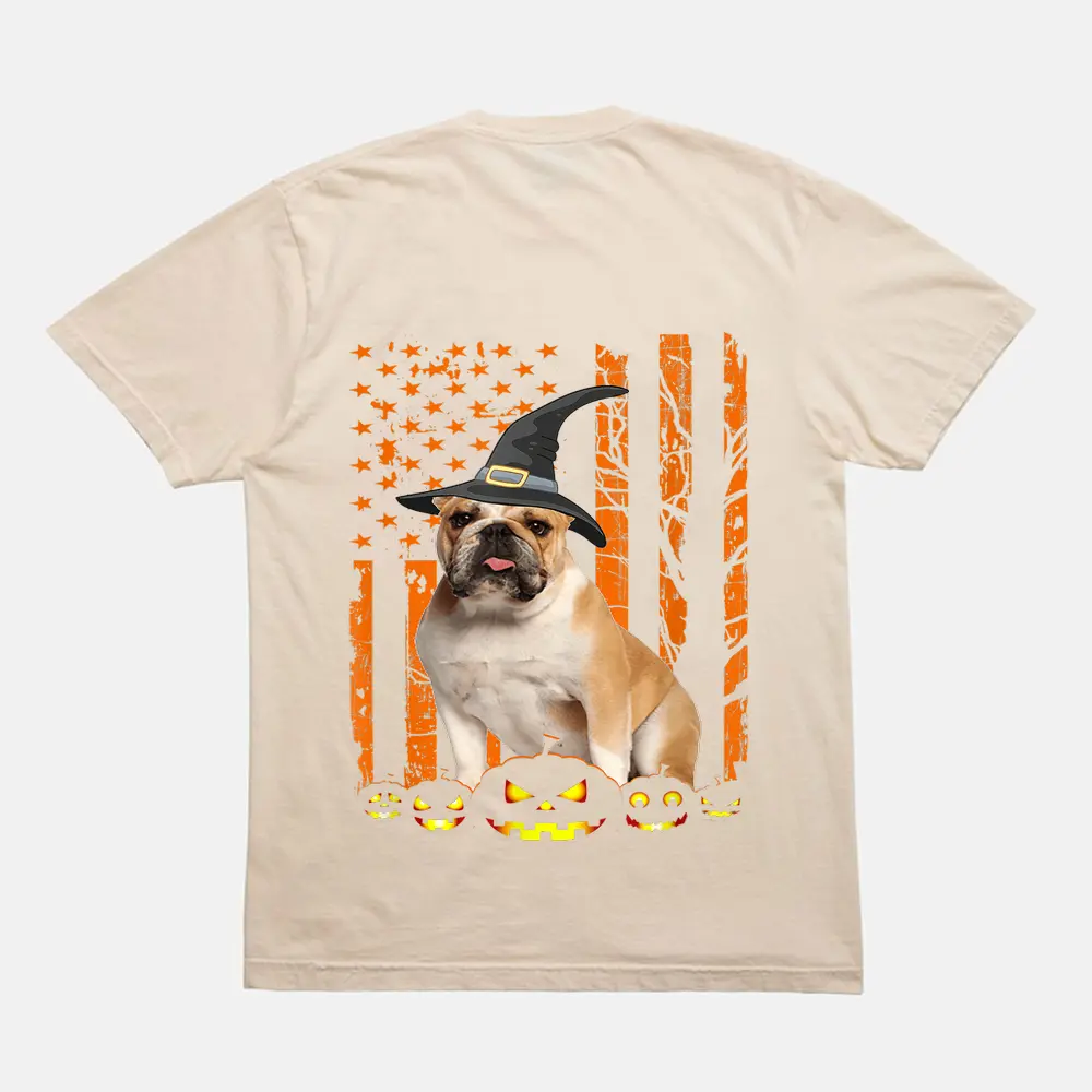 Bulldog Dog Pumpkin American Flag Vintage Halloween Witch T-Shirt - Cream Bulldog Dog Pumpkin American Flag Vintage Halloween Witch T-Shirt - Cream