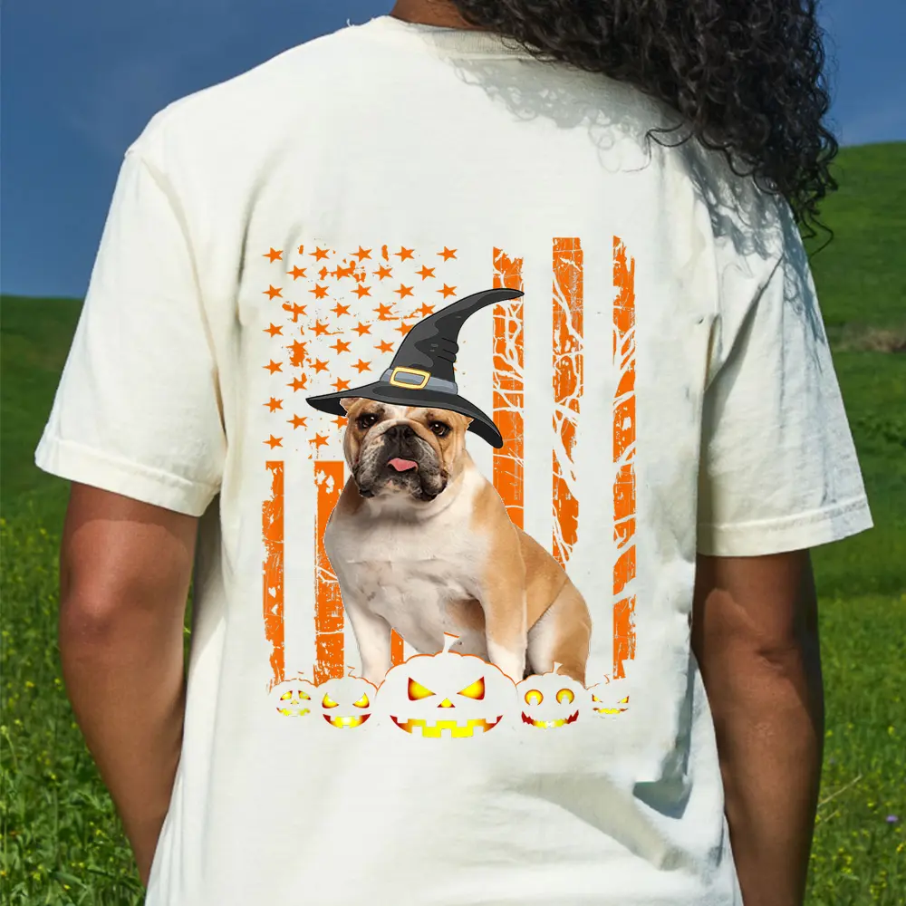 Bulldog Dog Pumpkin American Flag Vintage Halloween Witch T-Shirt - Cream