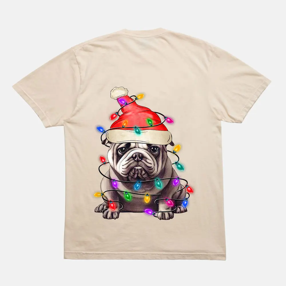 Bulldog Santa Christmas Tree Lights Xmas Boys Dog Dogmas T-Shirt - Cream Bulldog Santa Christmas Tree Lights Xmas Boys Dog Dogmas T-Shirt - Cream