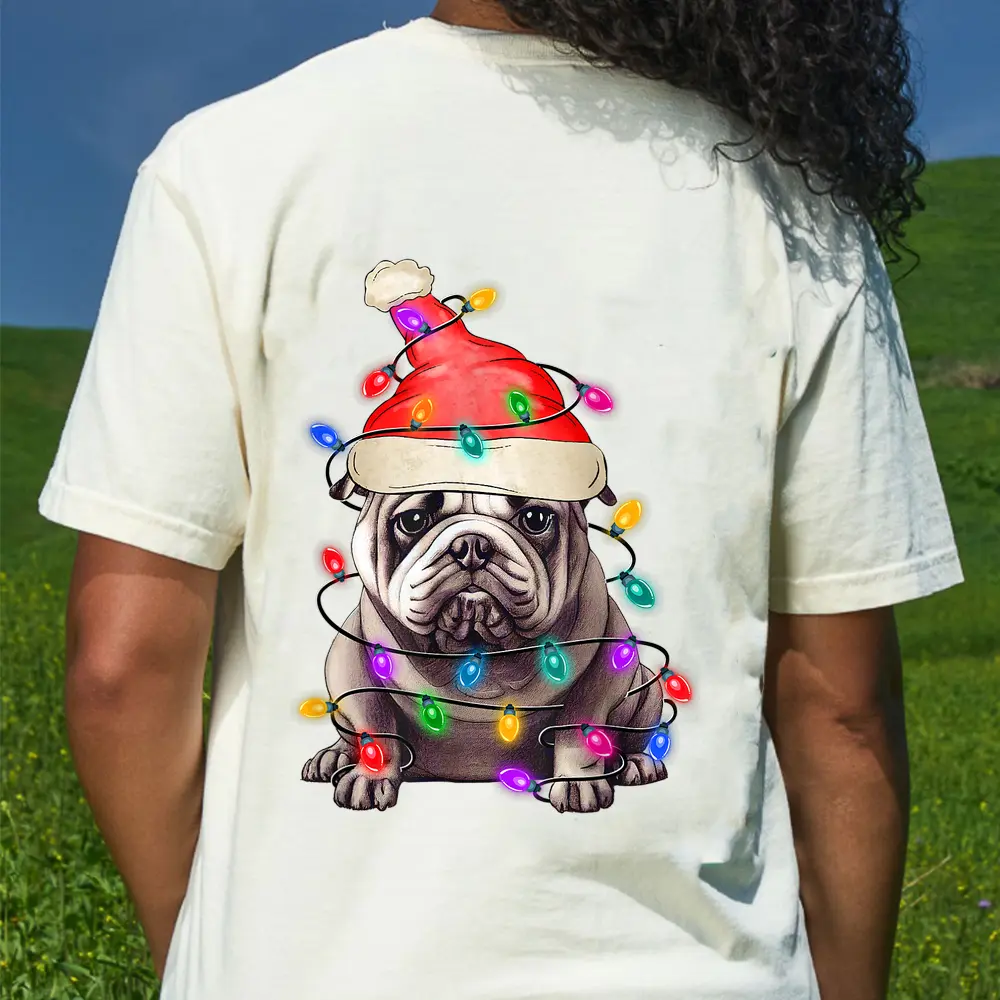 Bulldog Santa Christmas Tree Lights Xmas Boys Dog Dogmas T-Shirt - Cream