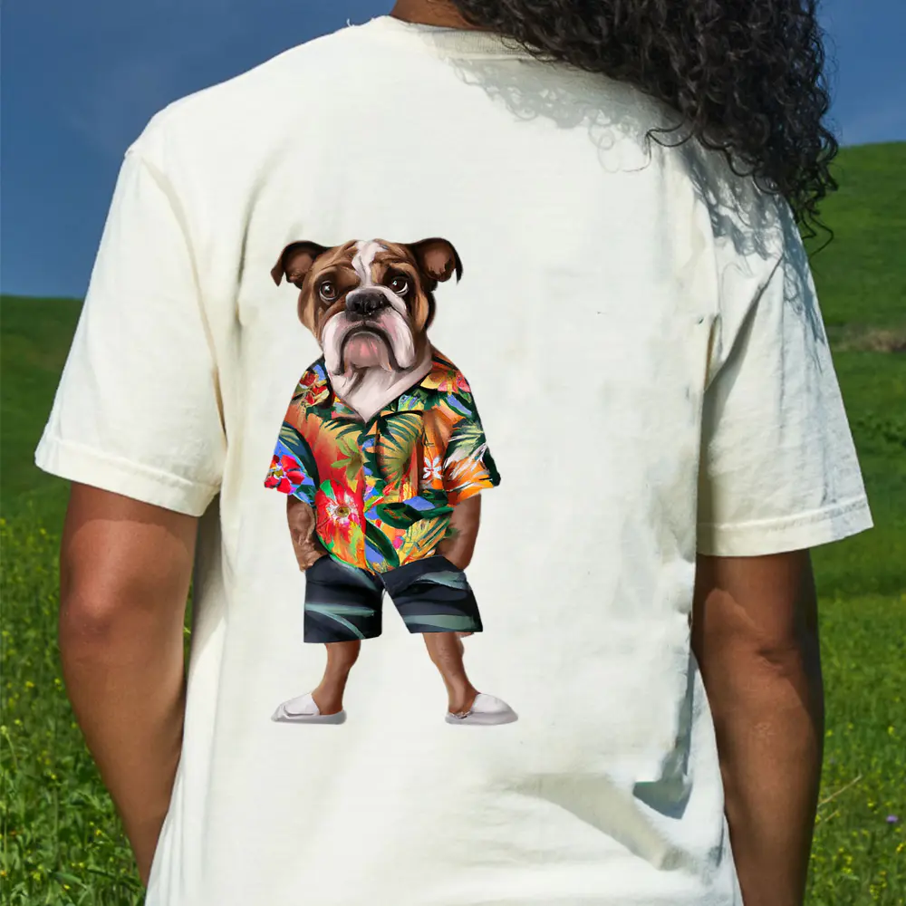 Bulldog Wearing A Hawaiian  And Shorts T-Shirt - Cream